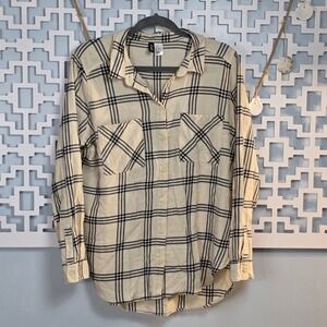 H&M Divided Womens Plaid Button Down Shirt Cream Navy Blue Cotton Size 12